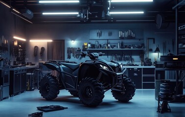 Rugged ATV in a Dark Garage Setting
