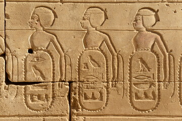Temple of Karnak, Luxor City, Egpyt, Africa. The carvings on the walls of the Temple of Amun.