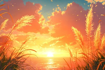 Obraz premium Golden Grasses Swaying in Open Prairie at Sunset