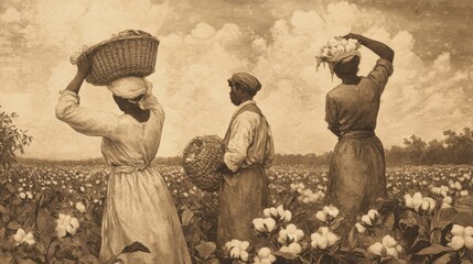 Vintage illustration of cotton field workers