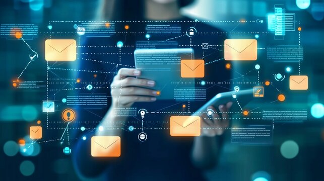 Person using tablet with digital icons representing connectivity and data flow.