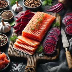  Salmon gravlax with beetroot, Scandinavian snack, beet gravlax, lightly salted fish, homemade, no people,