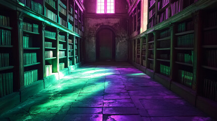 Fototapeta premium A forgotten library with decaying bookshelves, where ethereal green and violet flames illuminate the room, casting long shadows on the ancient stone floor.