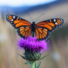 Fototapeta premium Vibrant Monarch Butterfly Displaying Colorful Wings on a Purple Thistle Flower Against a Blurred Natural Background in a Lush Green Environment