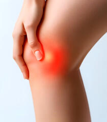 A person holding their knee in pain, with the joint highlighted red to represent inflammation. The background is white, focusing attention on the subject of the injured knee. No text or other element