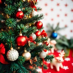 christmas tree and decorations with a red and gold ornaments