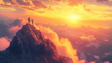 Two hikers stand atop a mountain, admiring a vibrant sunset over the clouds.