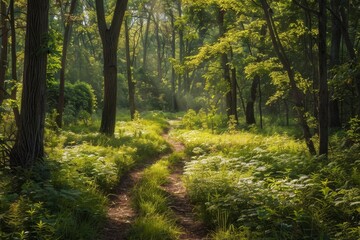 Obraz premium Morning sunlight filters through the tall trees, illuminating a peaceful path in a vibrant forest, inviting exploration and reflection amidst nature's tranquility.