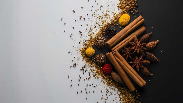 carious of Indian spices with copy space isolated white background, clove, cinnamon, mustard seeds, black pepper, star anise