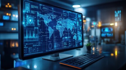 A futuristic computer setup displaying data analytics and global maps.