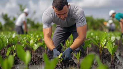 Dedicated Volunteer Engaging in Mangrove Planting Activity to Restore Coastal Ecosystems and Preserve Marine Life for Future Generations in a Lush Environment