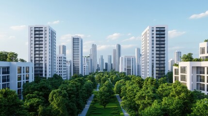 Fototapeta premium Modern Urban Landscape with Lush Greenery and Skyscrapers Showcasing City Life and Architectural Design in a Bright Blue Sky Setting