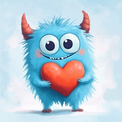 Fototapeta premium Charming Love Monster. Playful Fluffy Creature Embracing a Heart for Valentine's Day Card