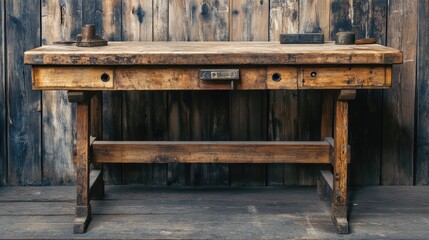 Fototapeta premium Aged Rustic Workbench as Background with Distressed Wood Texture and Rich Brown Hues