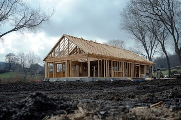 Obraz premium Low Angle Perspective of Incomplete House Framing: Wooden Structure Under Construction