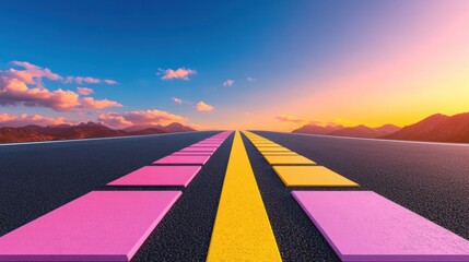 Sunlit Road to Success: Goals Painted on Asphalt Leading to Scenic Mountain Sunset - Symbolizing Ambition, Purpose, and Journey