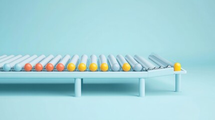 Colorful spheres moving on a light blue conveyor belt