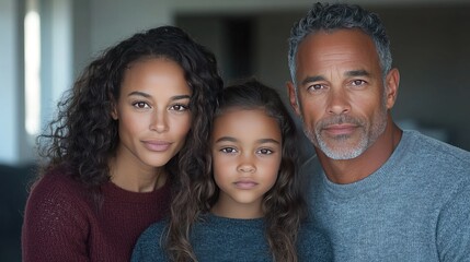 A joyful family portrait showcases a mixed race couple and their daughter, all smiling while looking directly at the camera in a warm, inviting living room. Natural light enhances their features