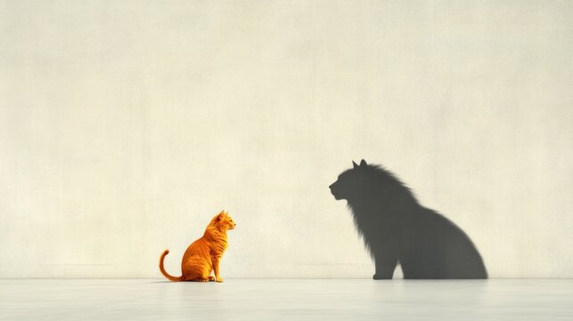 Feline Strength: Orange Cat Gazing at Lion Shadow on Wall, Symbolizing Inner Confidence and Potential Beyond Appearances