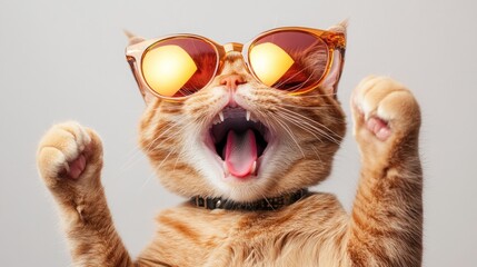 A playful cat wearing sunglasses, expressing excitement or joy.