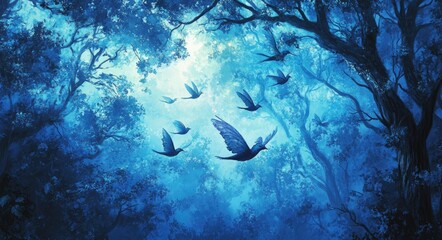 Whimsical Fairy Realm: Enchanted Forest with Ethereal Fairies, Misty Trees, and Serene Blue Background for Artistic Decor