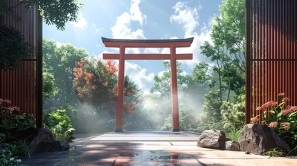 Selbstklebende Fototapeten Serene and peaceful scene of traditional Japanese torii gate surrounded by lush natural garden with misty atmosphere and rising steam creating a zen like ambiance © Waraporn