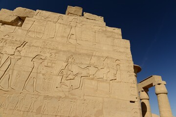 Ramesseum temple, Luxor, Egypt, Africa. The column ruins and hieroglyphs of Rameses II.