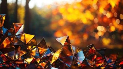 A vibrant display of geometric shapes reflecting warm autumn tones, blending nature with artistic forms in a serene outdoor setting.
