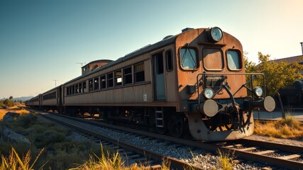 Obraz premium Abandoned Train, Retro, Vivid Colors, Sunlight, Atmospheric, Decaying, Vintage, Old, Railway, Tracks, Landscape, Detailed, High Quality, Art