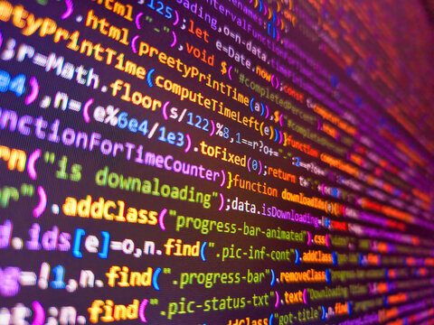 Coding concept. Charts of financial instruments with various type of indicators including volume analysis for professional technical analysis on the monitor of a computer. Software log in linux.
