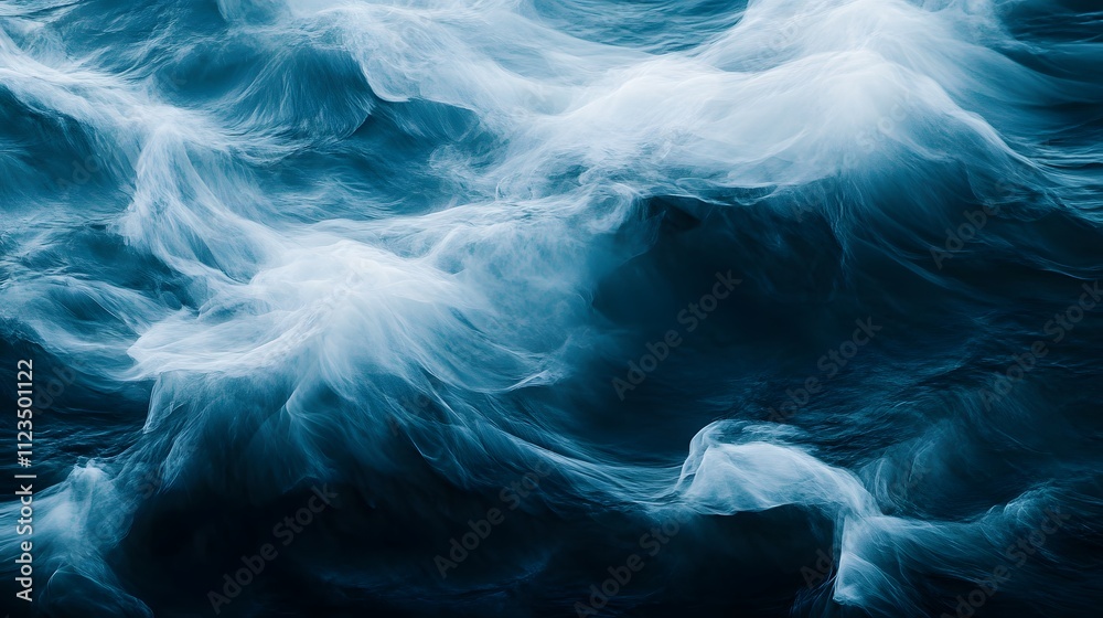 Poster ethereal ocean waves with fluid motion and vivid blue tones capturing the beauty and power of nature
