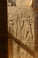 Temple of Karnak, Luxor City, Egypt, Africa. The wall carvings of Pharoahs and hieroglyphics in the Hypostyle hall of the temple.