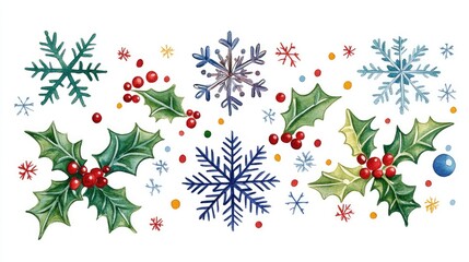Obraz premium snowflakes and holly leaves, traditional theme, colorful, isolated on white background 