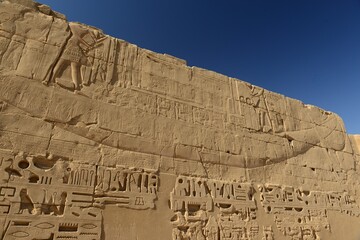Temple of Karnak, Luxor City, Egypt, Africa. Wall of the 4th pylon depicting an image of a galleon...