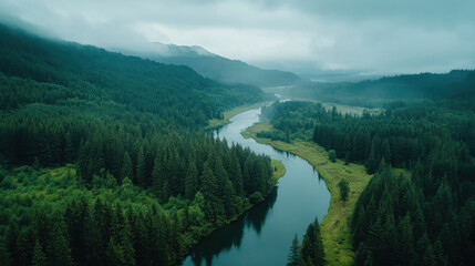 Fototapeta premium Serene Aerial View of a Winding River Surrounded by Lush Green Forests and Lively Vegetation on a Misty Day in a Remote Wilderness Area