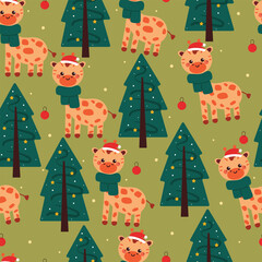 seamless pattern cartoon giraffe with christmas tree and santa hat. cute christmas wallpaper for gift wrap paper