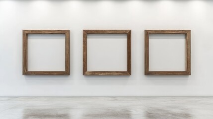 Three Wooden Frames Displayed on a Blank White Wall for Gallery Mockup