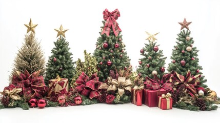 Wreath and bows and Christmas trees, traditional theme, colorful, isolated on white background