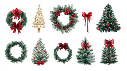 Wreath and bows and Christmas trees, traditional theme, colorful, isolated on white background