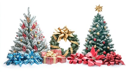 Wreath and bows and Christmas trees, traditional theme, colorful, isolated on white background