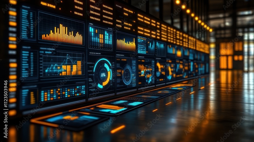 Poster futuristic data visualization dashboard in modern setting