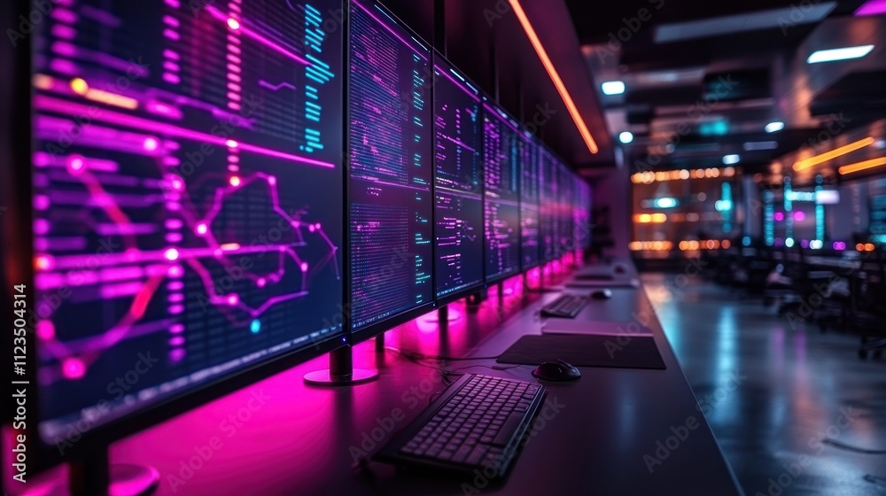Poster futuristic workspace with data visualizations and monitor