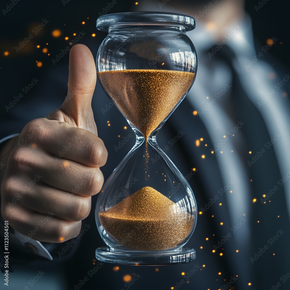 Poster A Businessman Holding a Transparent Hourglass Symbolizing Time Management and Productivity in a Modern Office Setting with Sparkling Effects and Soft Focus