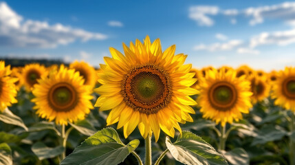 Fototapeta premium vibrant field of sunflowers under bright blue sky, radiating joy