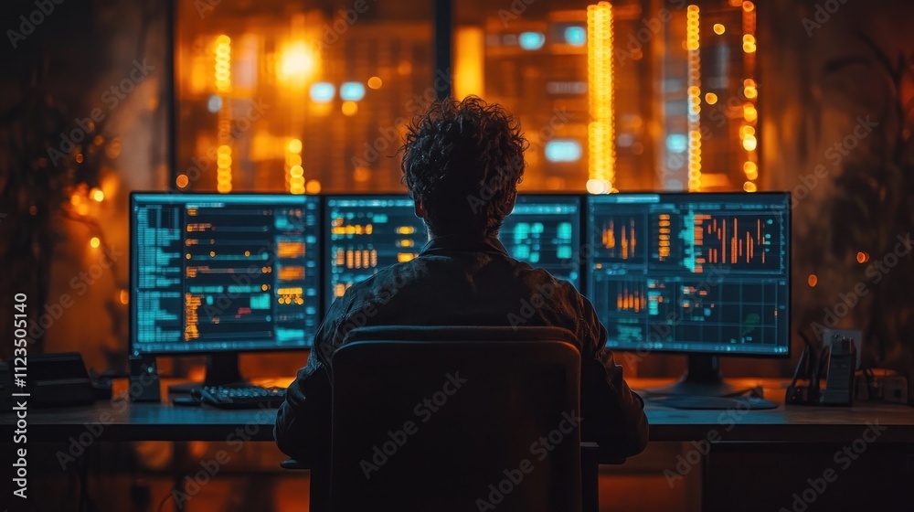 Poster person working at multiple computer screens in a tech setting