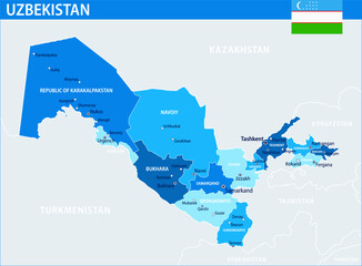 Obraz premium Uzbekistan Map Vector Blue Spot - Customizable layered political map of Uzbekistan with administrative divisions for website, education, reports, news, politics, print, poster and wallpaper