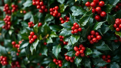 Fototapeta premium Christmas Holly Background AI Photo - Festive Holiday Scene with Copy Space