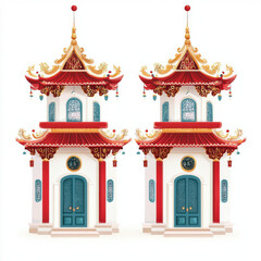 Traditional pagodas with intricate architectural design and vibrant colors, isolated design on white background
