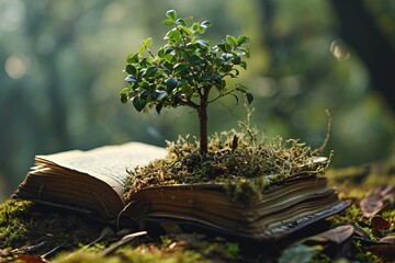 close-up small tree growing in pages of old book on blurred background
