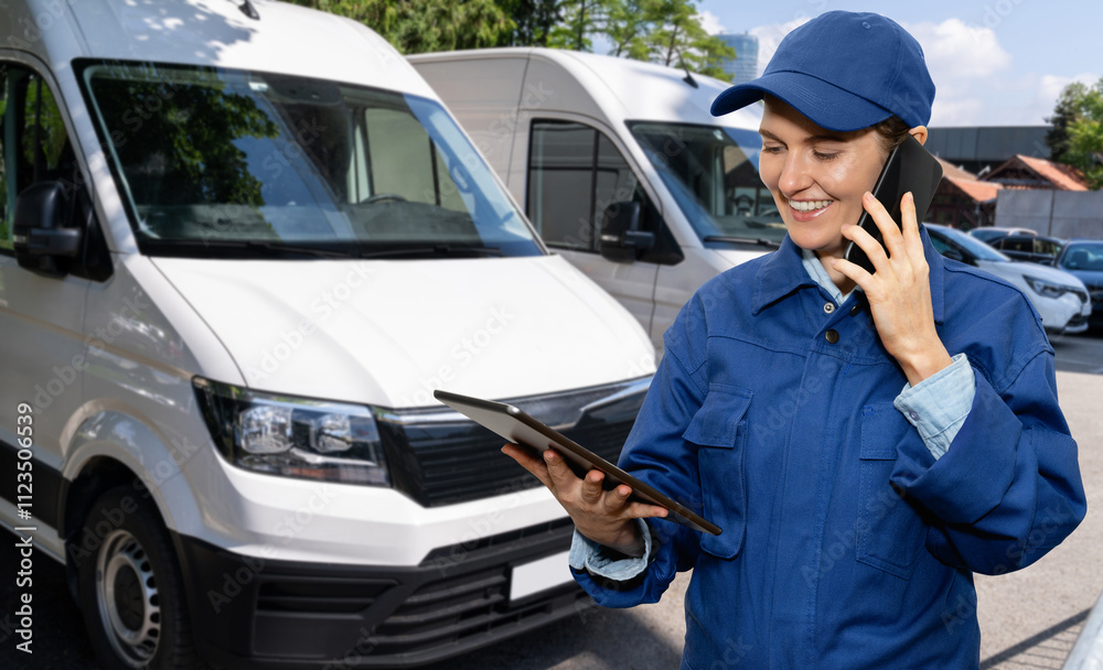 Aufkleber female manager with a digital tablet and smartphone on the background of vans. fleet management